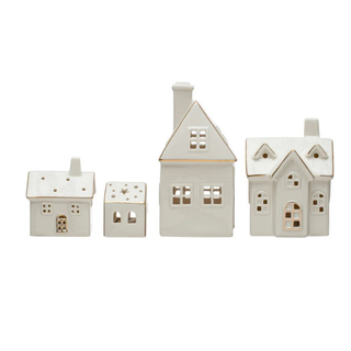 Stoneware Village With LED Lights And Gold Electroplating