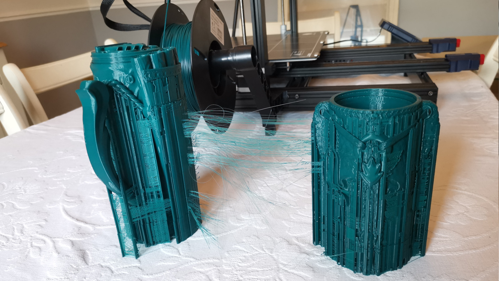 Some failed prints showing stringing, printed on the Anycubic Kobra Max