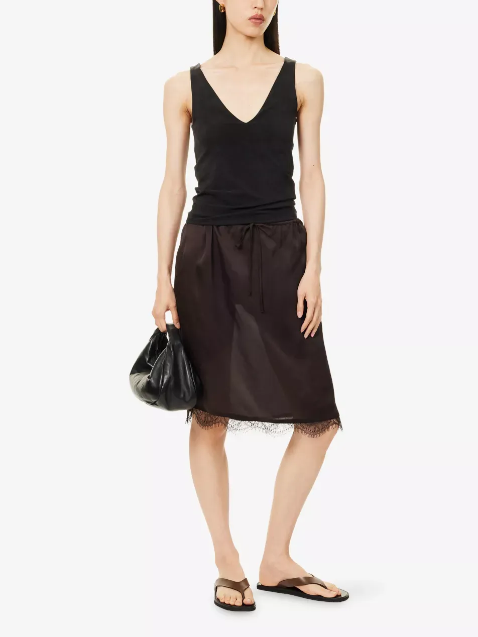 Lace-Hem Drawstring-Waist Silk Mini Skirt - Xs