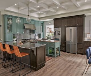 Light green kitchen cabinets in a large classic kitchen