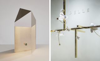 Left, ’Silver Veil’ table lamp. Right, brass lighting rig with a blossom of hand-sculpted petal