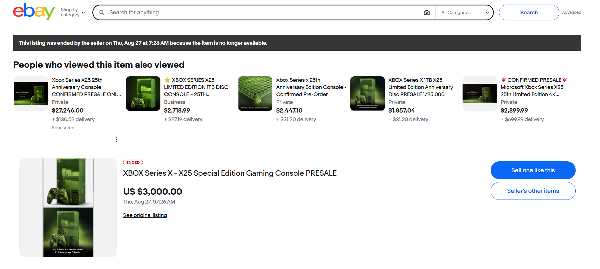 A screenshot of a now cancelled eBay listing for an Xbox Series X25 console priced more than three times RRP at $3,000.