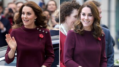 Composite of two pictures of Kate Middleton wearing a blackberry toned jumper dress as she arrives at the Place2Be School Leaders Forum at UBS London on November 8, 2017