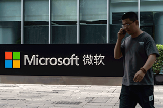 Signage for Microsoft Corp. outside the company's offices in Beijing, China,