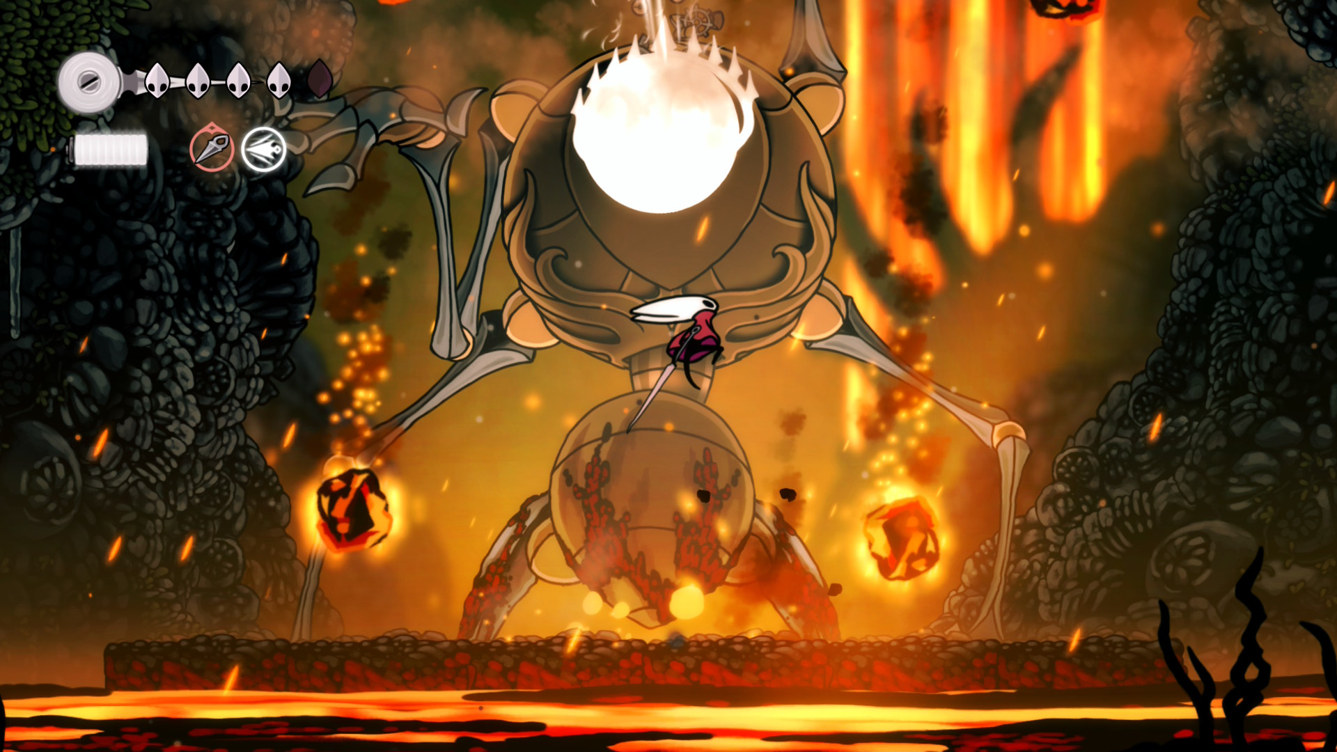The mechanical Fourth Chorus boss in Hollow Knight: Silksong attacks as Hornet strikes at its head
