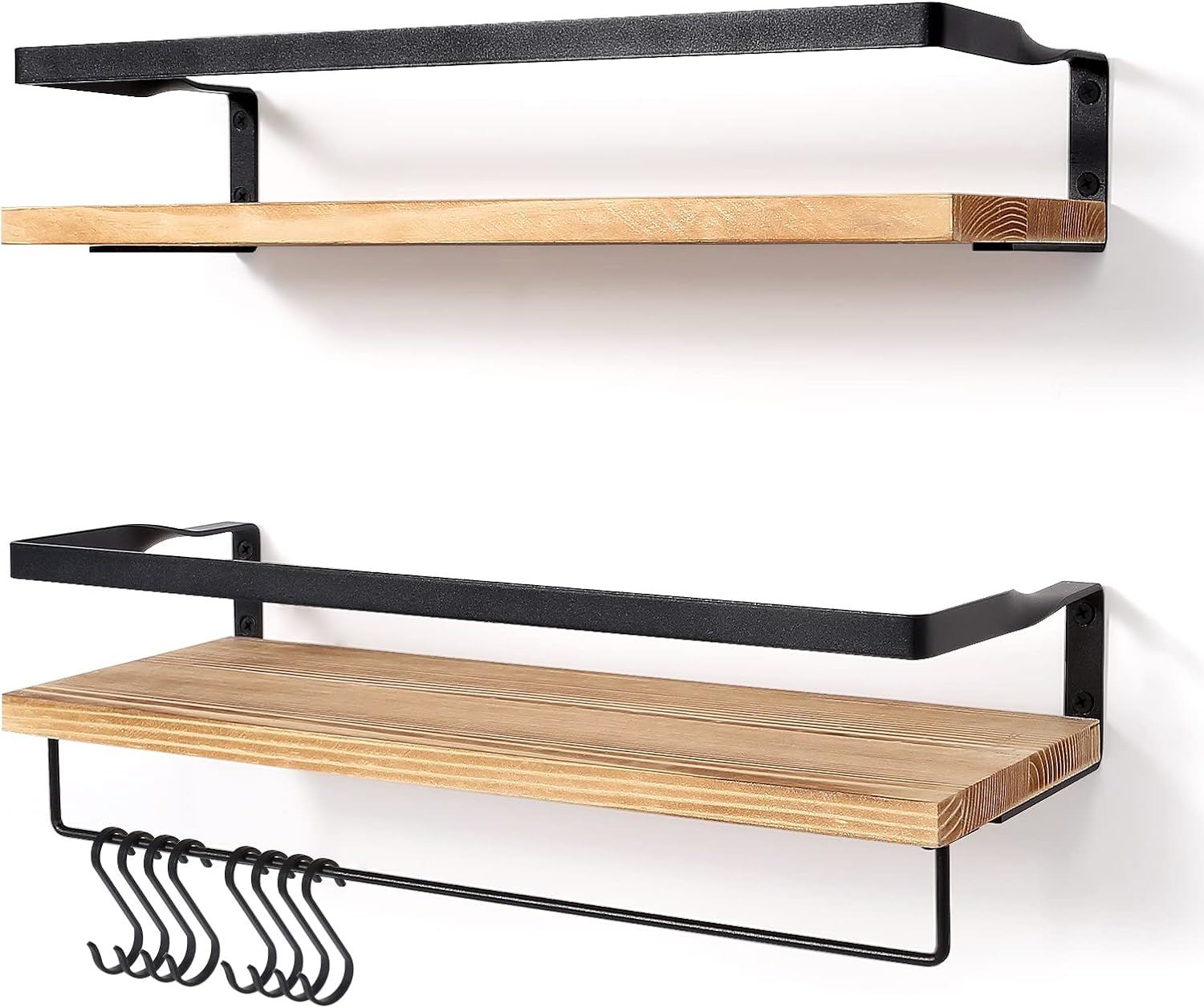 Agm Floating Shelves Wall Mounted Shelf, Wooden Wall Shelves Racking Set of 2 for Bedroom, Bathroom, Living Room, Kitchen Storage W/ 1 Towel Bar and 8 S Hooks, Max Load 33lbs