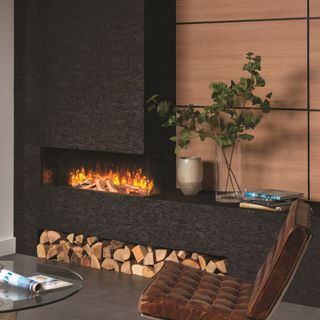 contemporary stone fireplace with built-in fire