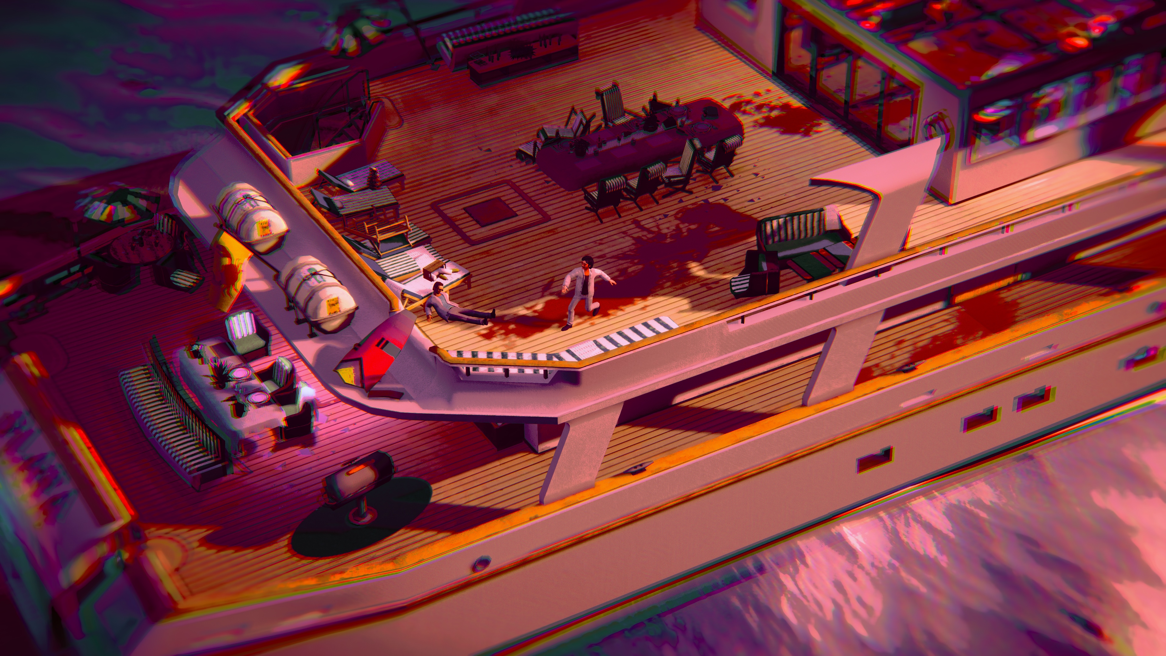 A screenshot of Serial Cleaners showing a blood-spattered yacht