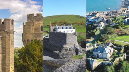 Collage image of the best castle hotels in the UK showing Warwick Castle Suites, Mingary Castle and Star Castle