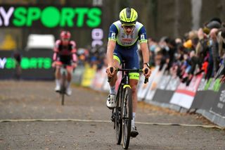 RIJKEVORSEL BELGIUM NOVEMBER 20 Quinten Hermans of Belgium and TormansCircus Cyclo Cross Team crosses the finish line in second place during the 35th Superprestige Merksplas 2021 Mens Elite Superprestige2022 SPMerksplas on November 20 2021 in Rijkevorsel Belgium Photo by Luc ClaessenGetty Images