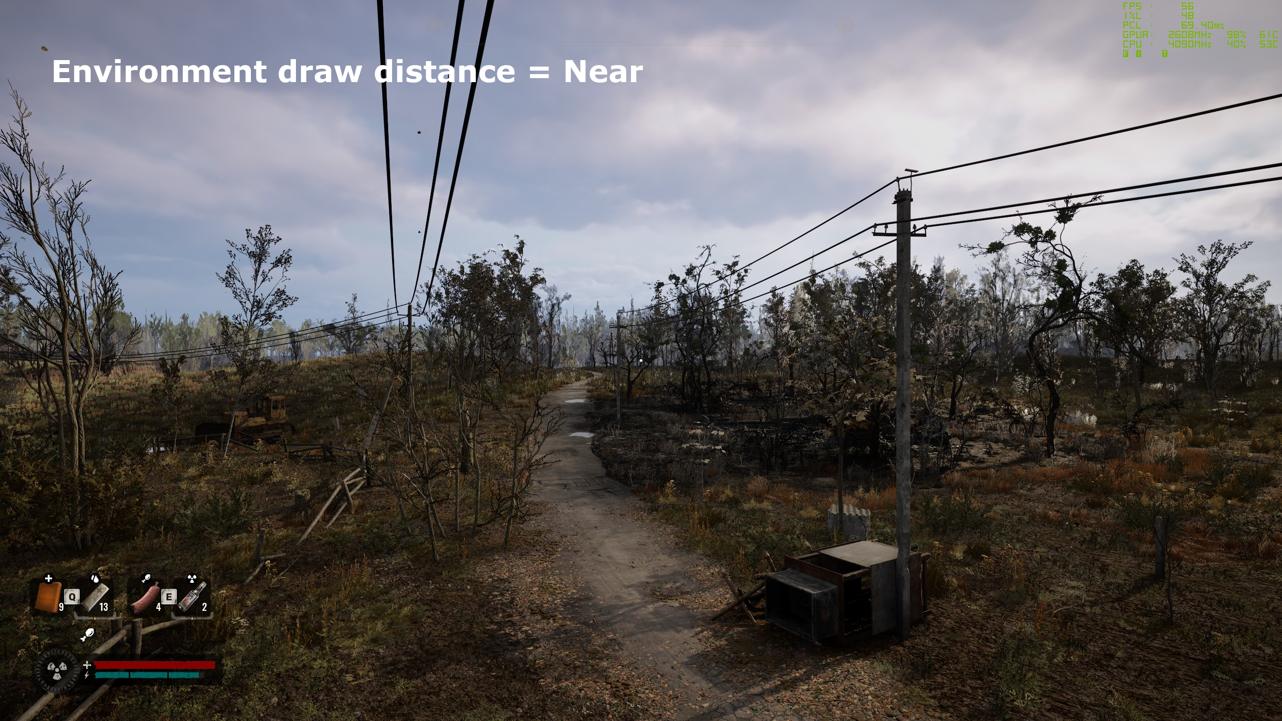 A screenshot of Stalker 2: Heart of Chornobyl, showing the impact of the use of environment draw distance