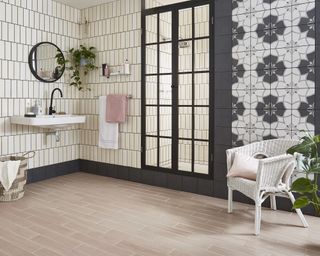 Bathroom with various white wall and shower tiles by Walls and Floors
