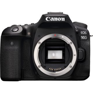 Canon EOS 90D DSLR on white background with lens removed and mirror mechanism exposed