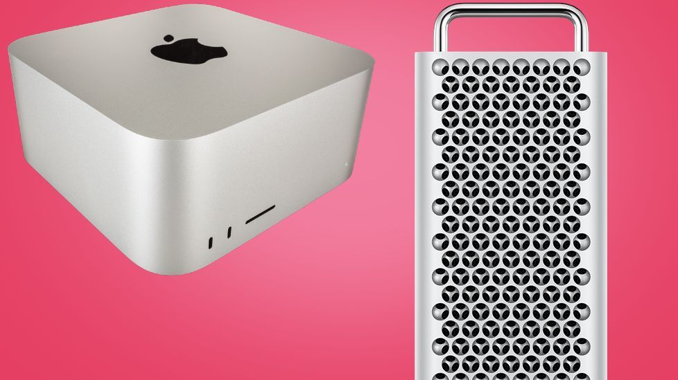 Mac Pro and Mac Studio on a pink background