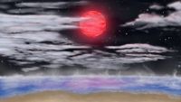 an illustration of an ocean shoreline on an alien planet. wisps of vapor rise from a deep blue sea beneath clouds that partially obscure a black, starry sky in which a fiery large red orb can be seen