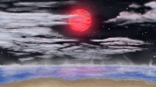 an illustration of an ocean shoreline on an alien planet. wisps of vapor rise from a deep blue sea beneath clouds that partially obscure a black, starry sky in which a fiery large red orb can be seen