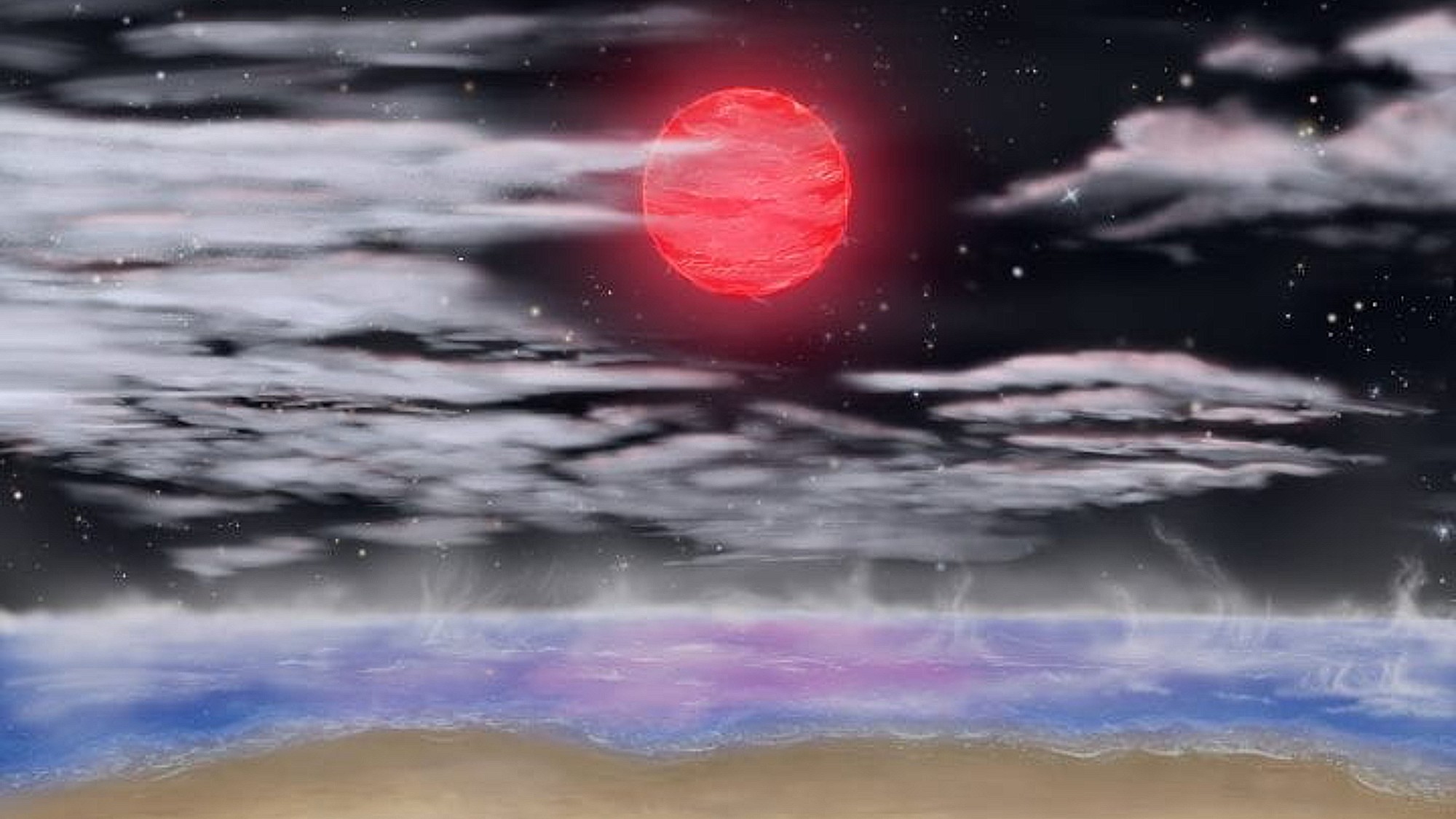 an illustration of an ocean shoreline on an alien planet. wisps of vapor rise from a deep blue sea beneath clouds that partially obscure a black, starry sky in which a fiery large red orb can be seen
