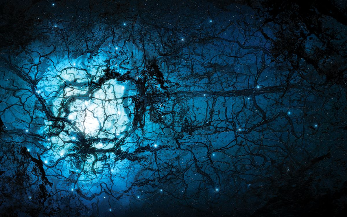 Artist&#039;s illustration of dark energy showing dark filaments filling a vast space and a bright blue light towards the left side of the image. 