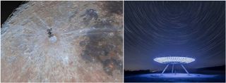 pictures of the moon with the ISS in passing in front, and a blue radar-like dish below a sky of star trails.