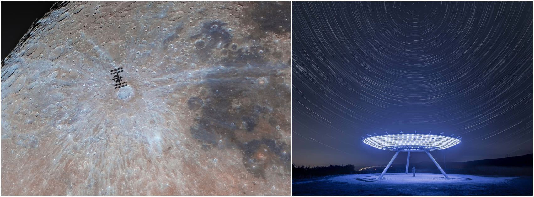 국제 우주 정거장이 앞쪽을 지나가는 달의 이미지와 별 궤적이 가득한 하늘 아래에 있는 파란색 레이더 모양의 접시입니다.