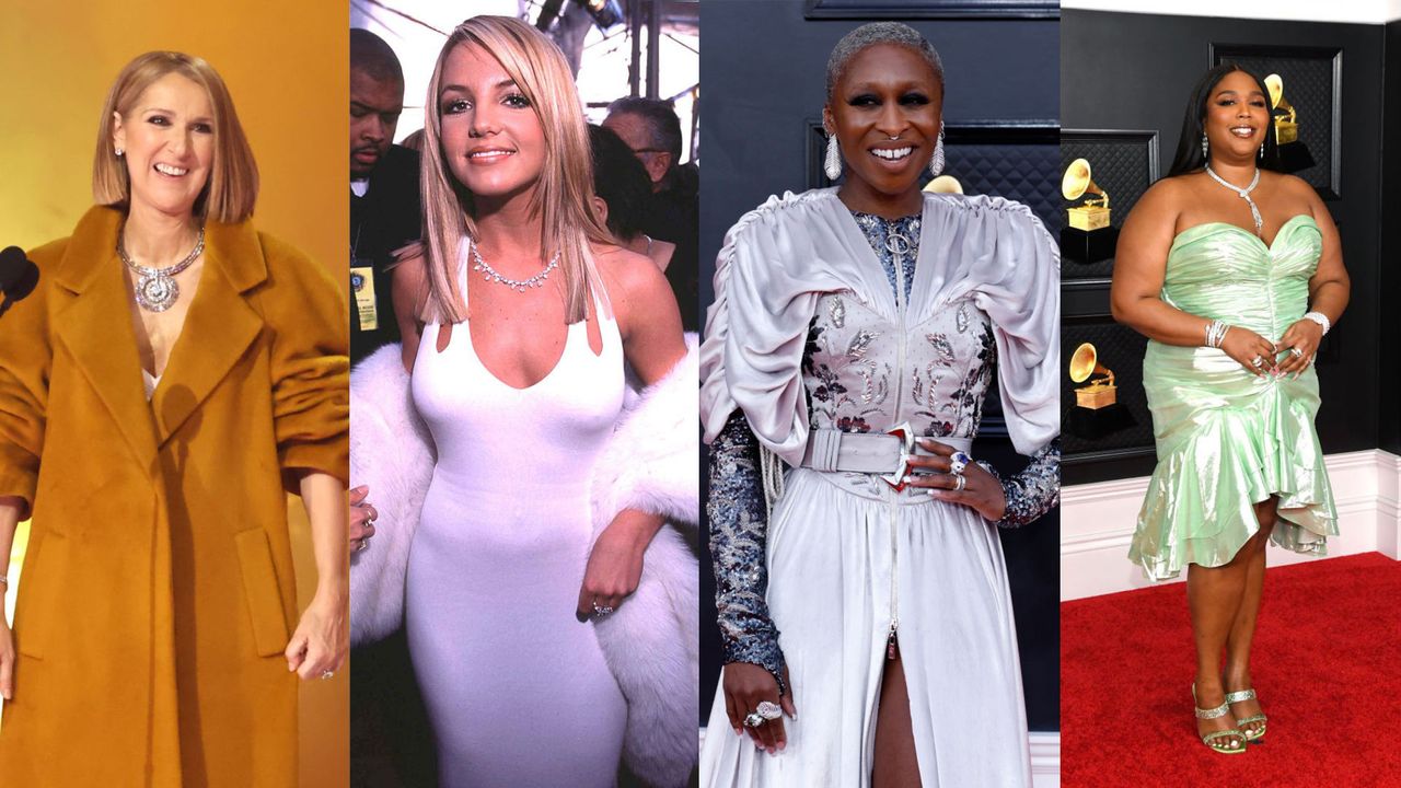 4 pictures of celebrities wearing jewellery at the Grammy Awards. L-R: Celine Dion, Britney Spears, Cynthia Erivo, Lizzo 