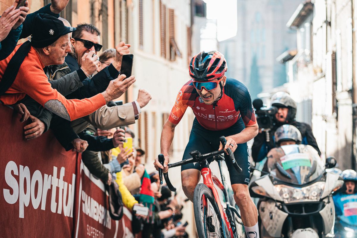 Strade Bianche Mens Race Siena Tuscany Italy Tom Pidcock of INEOS Grenadiers in action on the Via Santa Catarina climb on his way to winning Strade Bianche