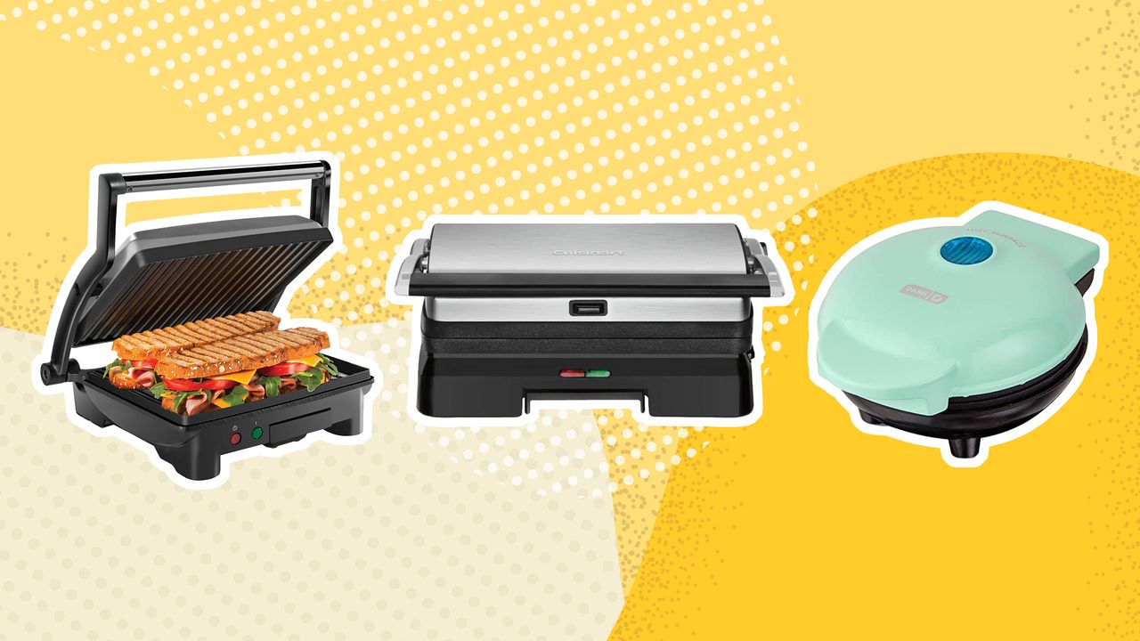 A selection of panini press sandwich toasters on yellow background