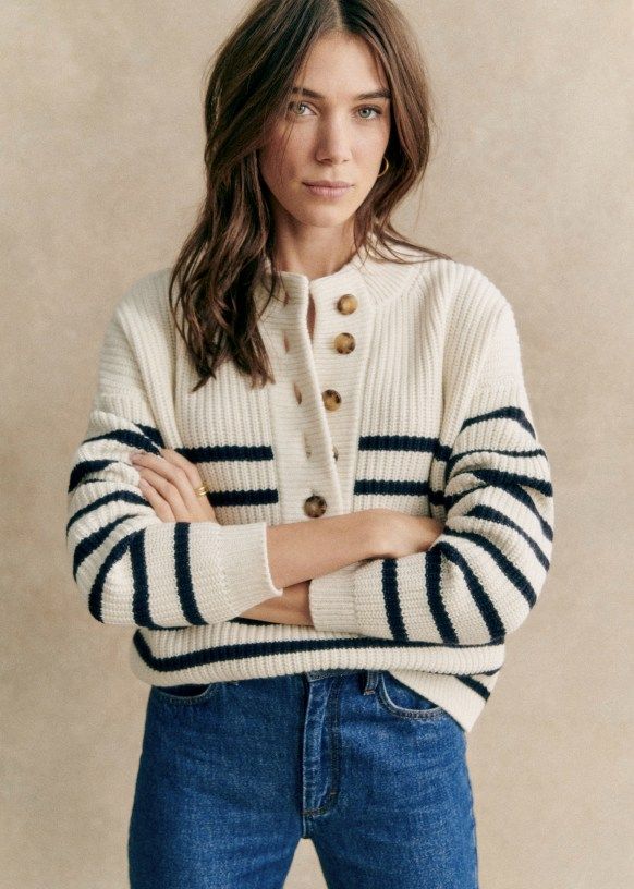 Lucas Jumper - Ecru / Navy - Organic Cotton - Sézane
