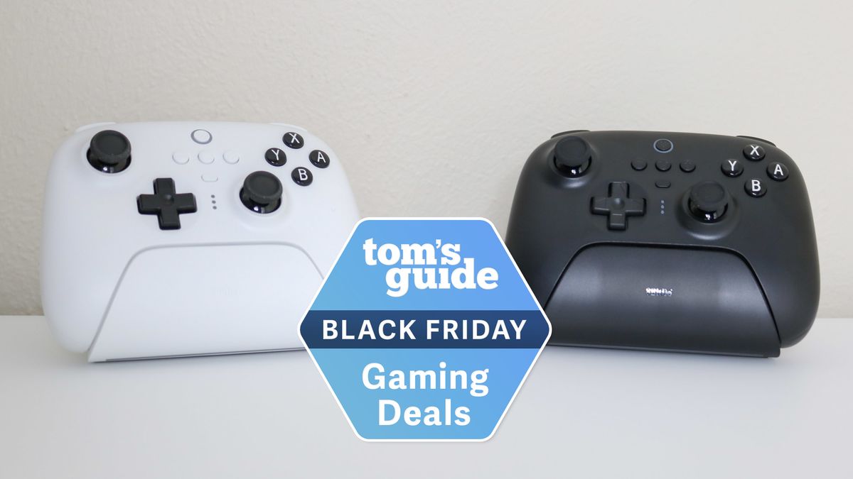 A picture of the 8BitDo Ultimate Controller in black and white with a Tom&#039;s Guide Black Friday deals badge