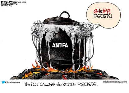 Political cartoon U.S. Antifa fascism pot kettle