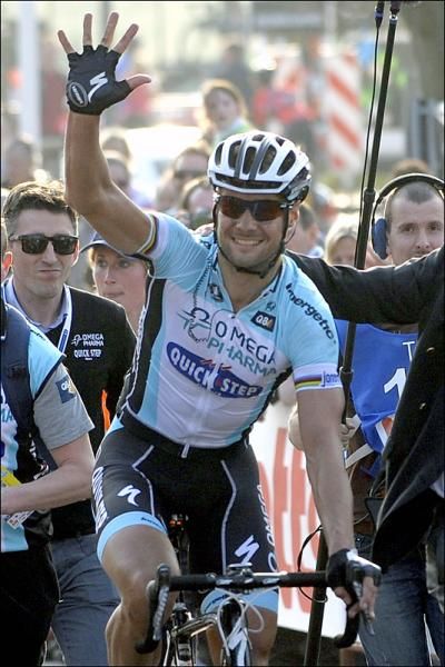 Tom Boonen makes sure everyone knows that he just won E3 Prijs Vlaanderen-Harelbeke for the fifth time.