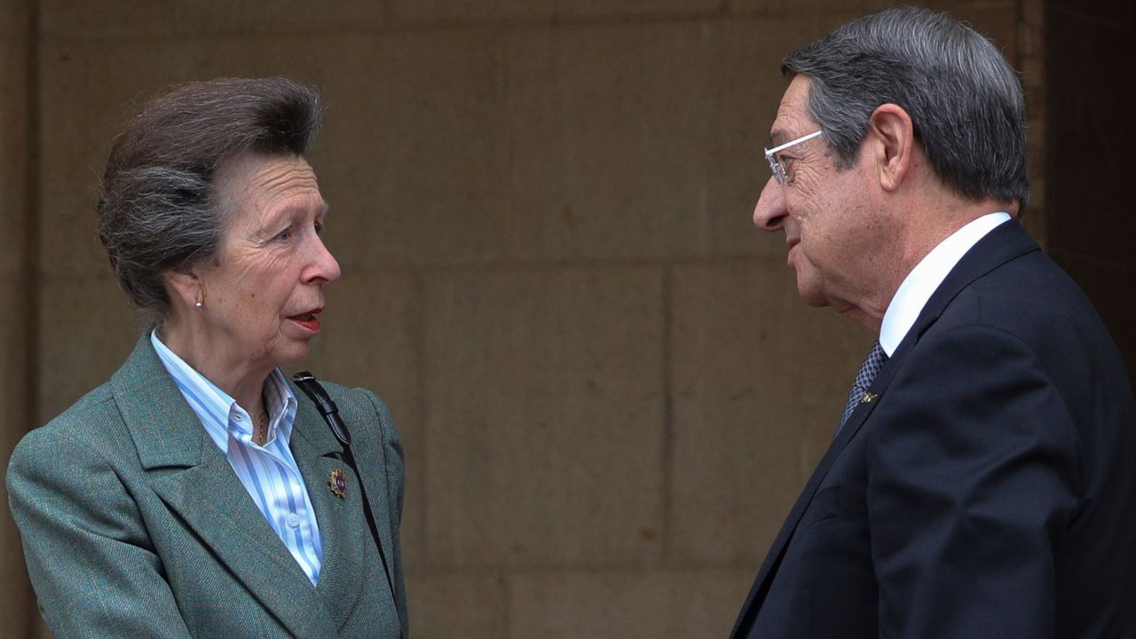 Cyprus&#039; President Nicos Anastasiades and Britain&#039;s Princess Anne, left, shake hands after a meeting at the presidential palace in Nicosia, Cyprus, Wednesday, Jan. 11, 2023. Princess Anne visited British soldiers serving with a United Nations peacekeeping force on ethnically divided Cyprus.