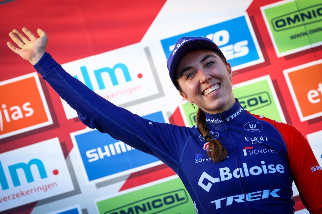 Dutch Shirin van Anrooij celebrates on the podium after winning the women elite race at the UCI Cyclocross World Cup cyclocross event in Beekse Bergen The Netherlands Sunday 13 November 2022 the fifth out of 14 stages in the World Cup trophy in the 20222023 season BELGA PHOTO DAVID PINTENS Photo by DAVID PINTENS BELGA MAG Belga via AFP Photo by DAVID PINTENSBELGA MAGAFP via Getty Images