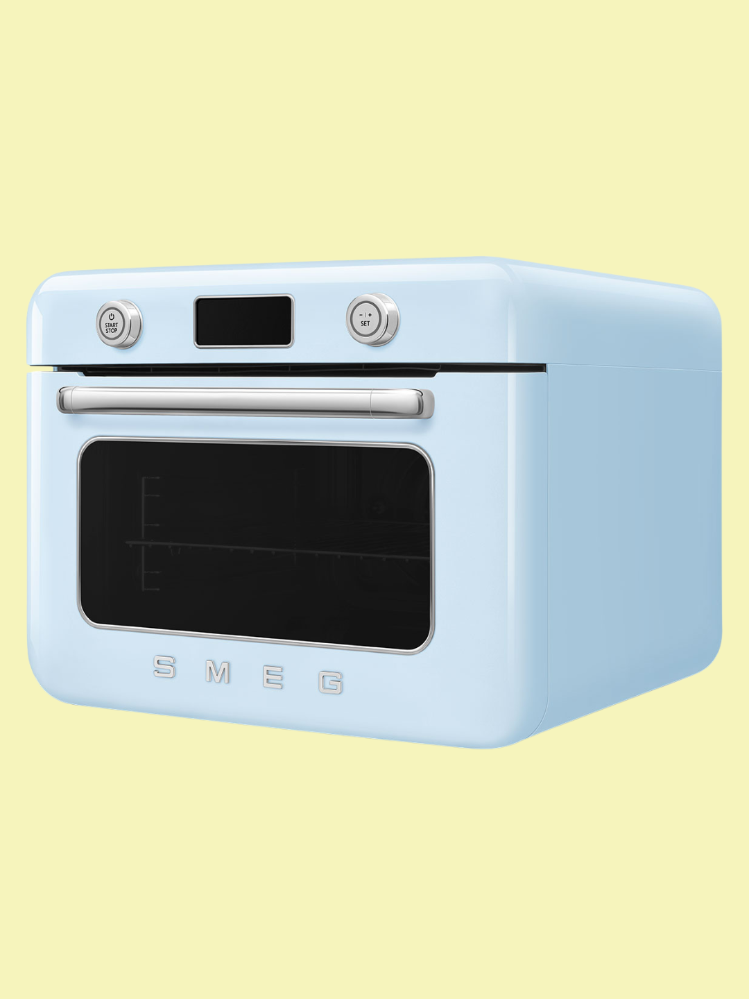 A pale blue 50's style countertop oven from SMEG