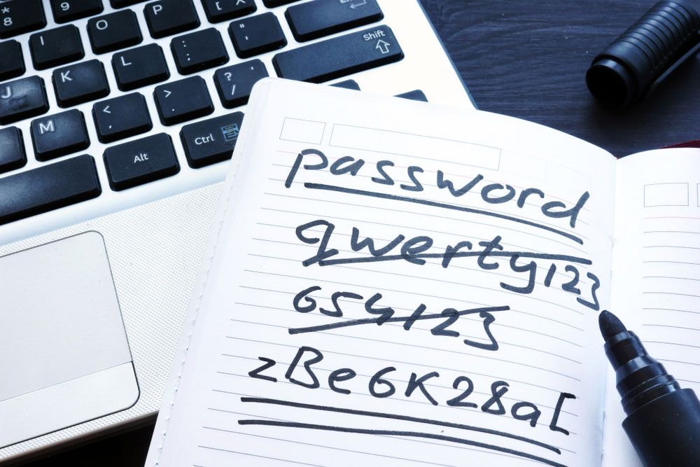 Password attempts written on paper.