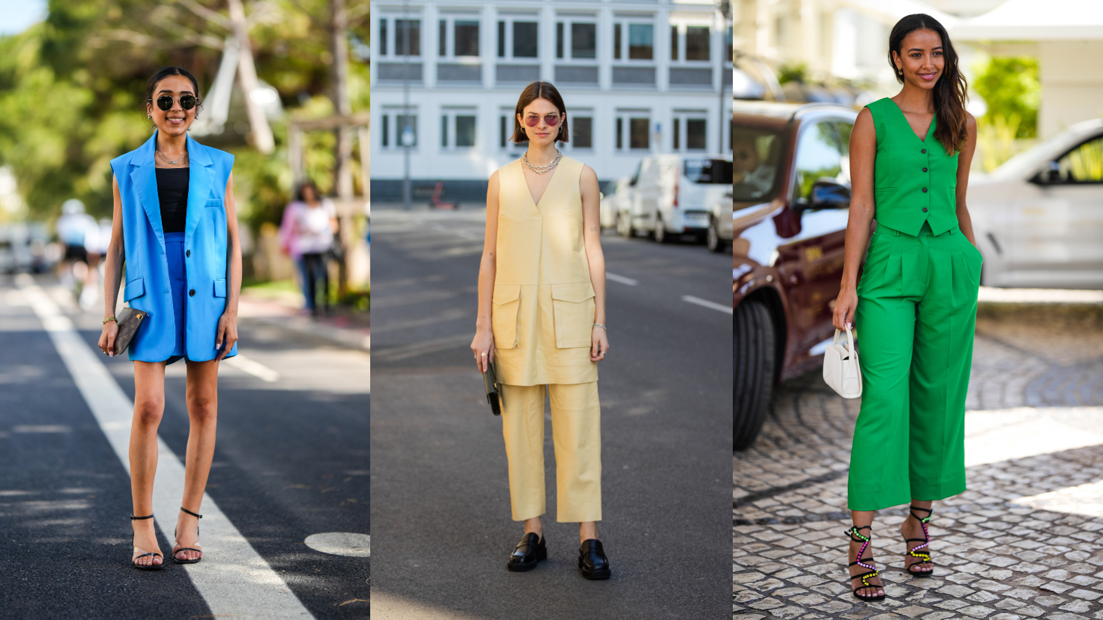 street style letní outfity do práce oblek bez rukávů