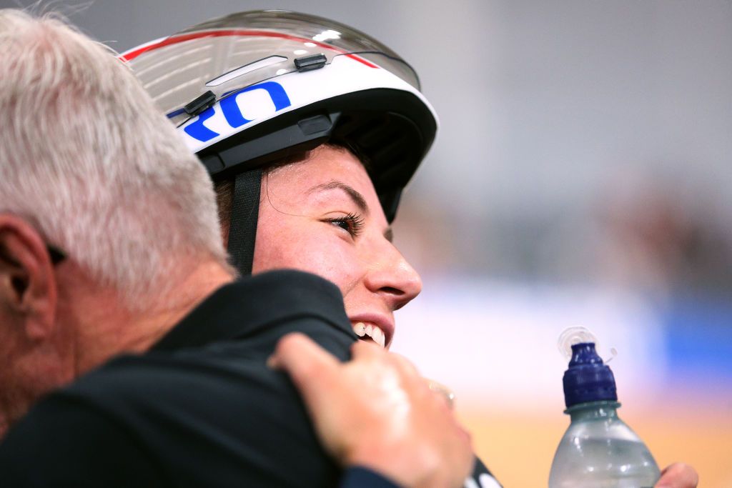 Chloe Dygert (USA) celebrates taking out the first title of the 2023 Track World Cycling Championships in the Individual Pursuit