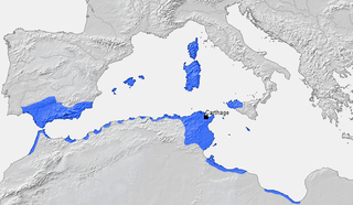 Location of Carthage and Carthaginian sphere of influence prior to the First Punic War (264 B.C.)