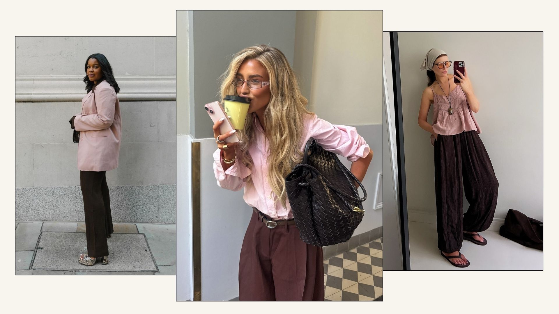 Influencers @styleidealist, @emilisindlev, @honeybelleworld wears a pink and brown colour trend.
