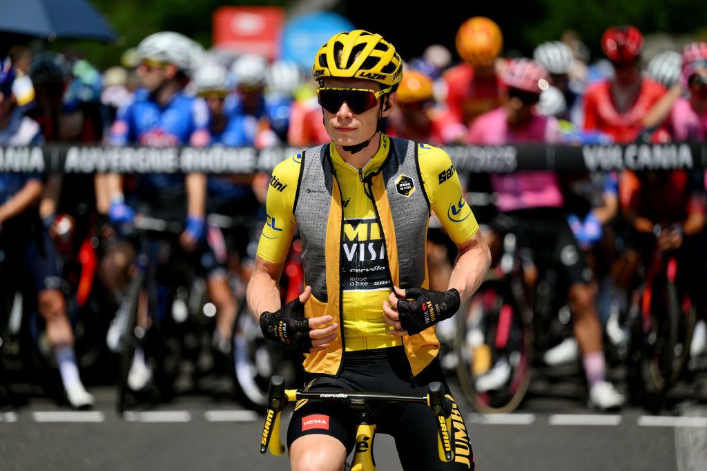 VULCANIA FRANCE JULY 11 Jonas Vingegaard of Denmark and Team JumboVisma Yellow leader jersey prior to the stage ten of the 110th Tour de France 2023 a 1672km stage from Vulcania to Issoire UCIWT on July 11 2023 in Vulcania France Photo by David RamosGetty Images