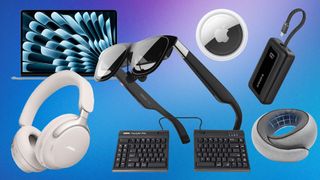 Travel gadgets for the holidays, including the MacBook Air, Bose headphones, Xreal glasses, Purroch memory foam pillow, Kinesis split keyboard, AirTag and Anker charger 