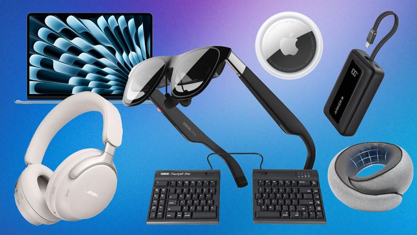 Travel gadgets for the holidays, including the MacBook Air, Bose headphones, Xreal glasses, Purroch memory foam pillow, Kinesis split keyboard, AirTag and Anker charger 