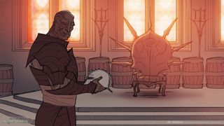 Sten from Dragon Age Origins with half of his face burned holding Inquisitor's helmet in empty throne room