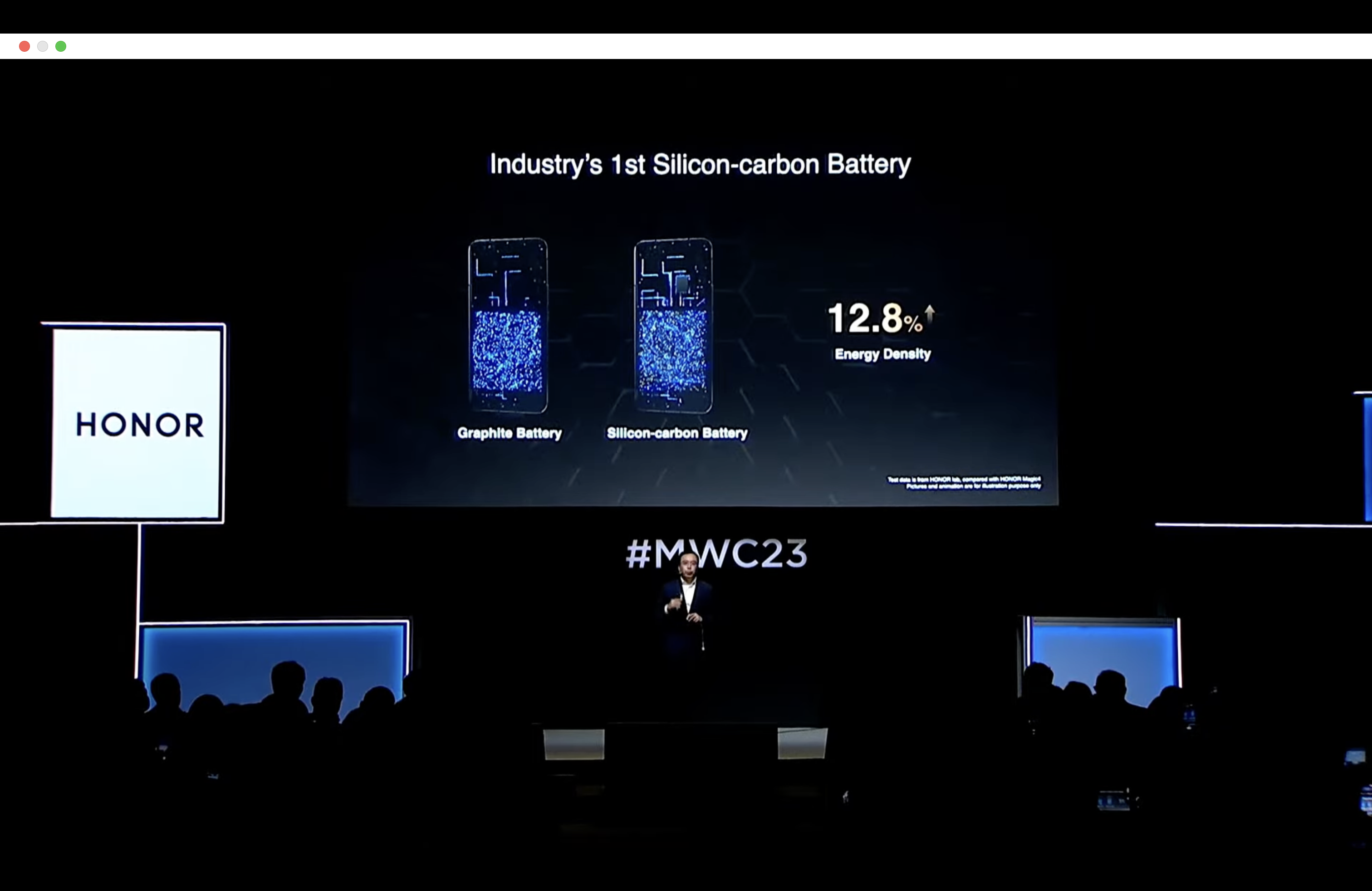 A screenshot of Honor's MWC 2023 presentation, showing how its new silicon-carbon battery is 12.8% more energy dense than a graphite battery