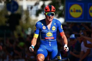 SAARBRUCKEN GERMANY AUGUST 25 Mads Pedersen of Denmark and Team Lidl Trek Blue Leader Jersey celebrates at finish line as stage winner during the 39th Deutschland Tour 2024 Stage 4 a 1827km stage from Annweiler am Trifels to Saarbrucken UCIWT on August 25 2024 in Saarbrucken Germany Photo by Christian KasparBartkeGetty Images