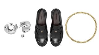 collage of earrings, loafers, and necklace