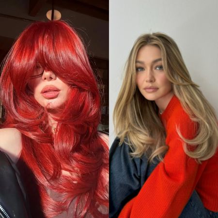 two women with layered haircuts, one with red hair one with blonde hair