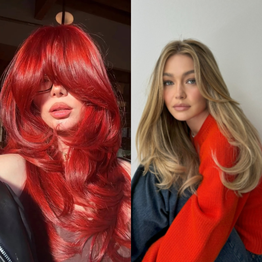 two women with layered haircuts, one with red hair one with blonde hair
