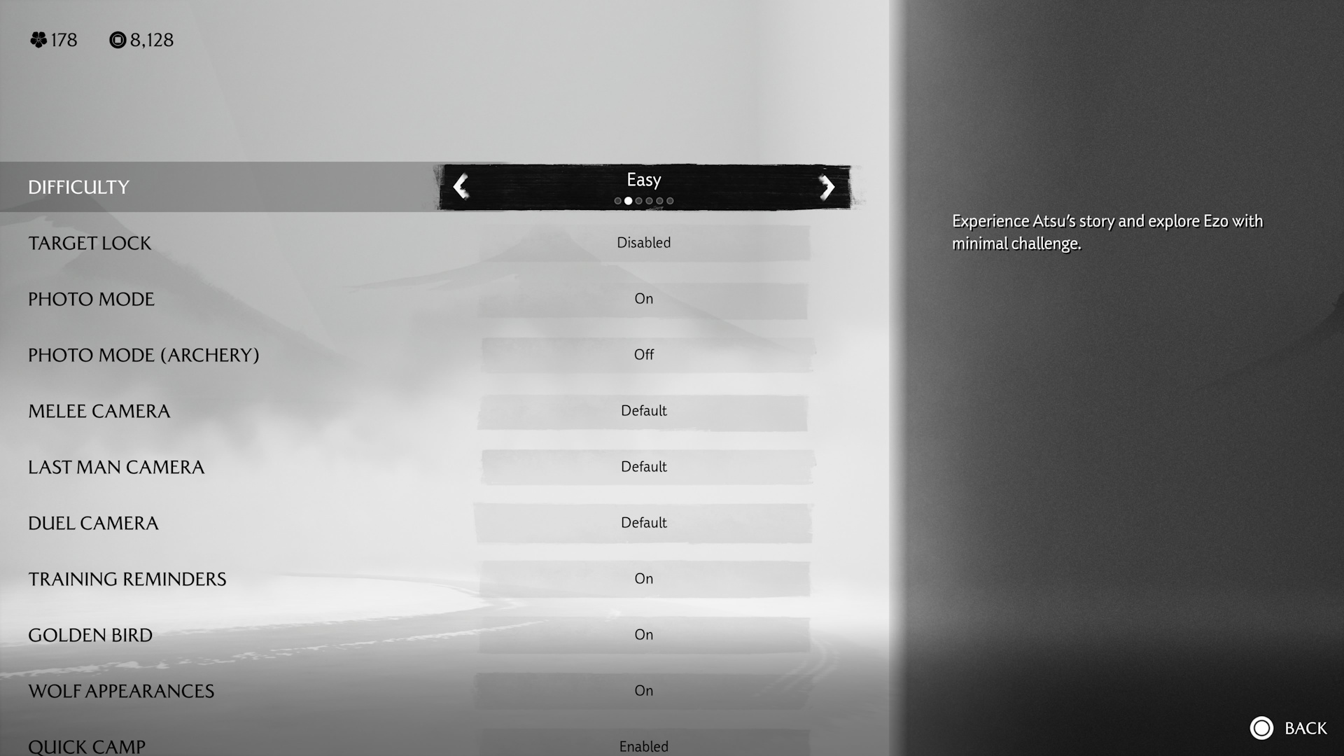 Ghost of Yotei screenshot showing difficulty settings