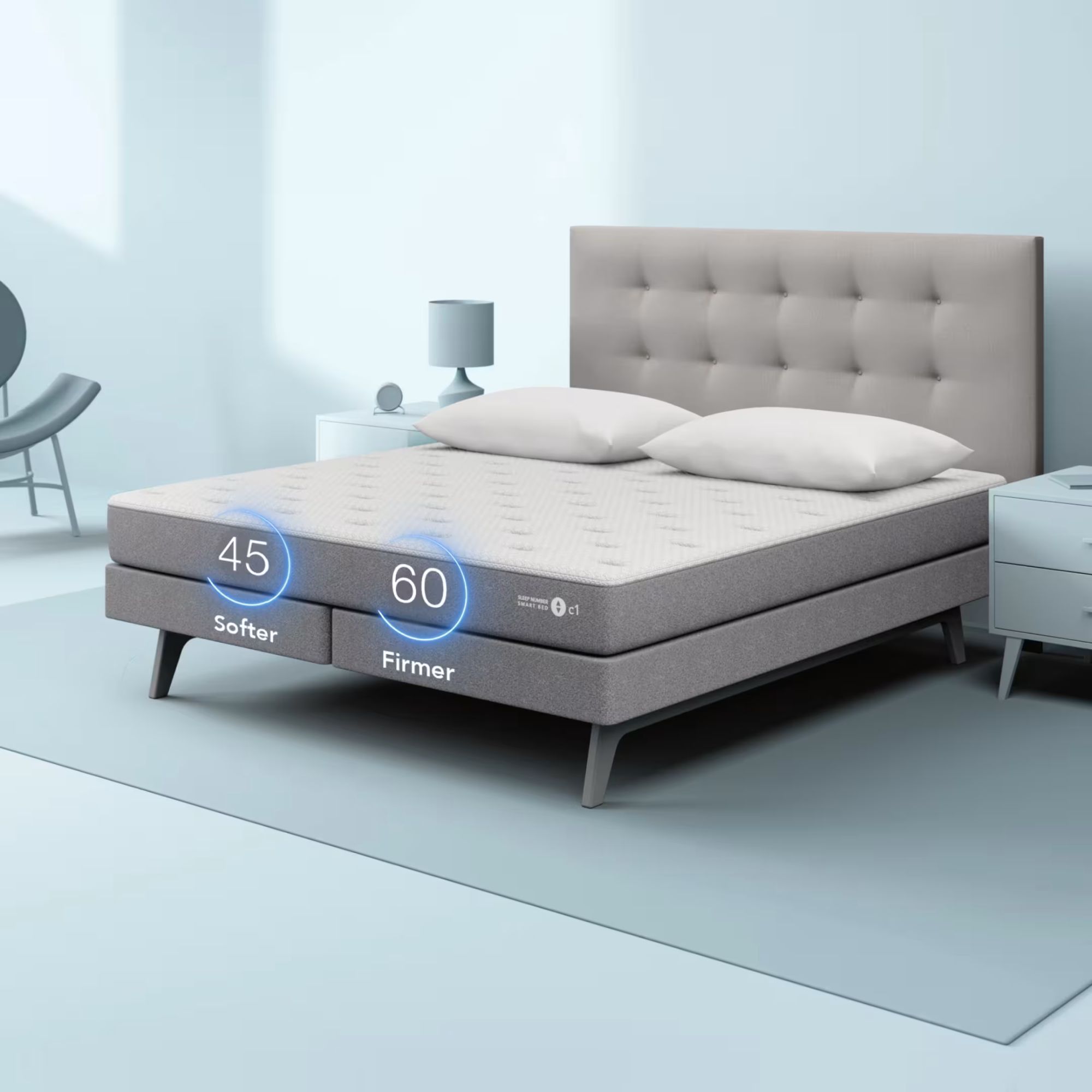 Sleep Number c1 smart bed against a blue background. 